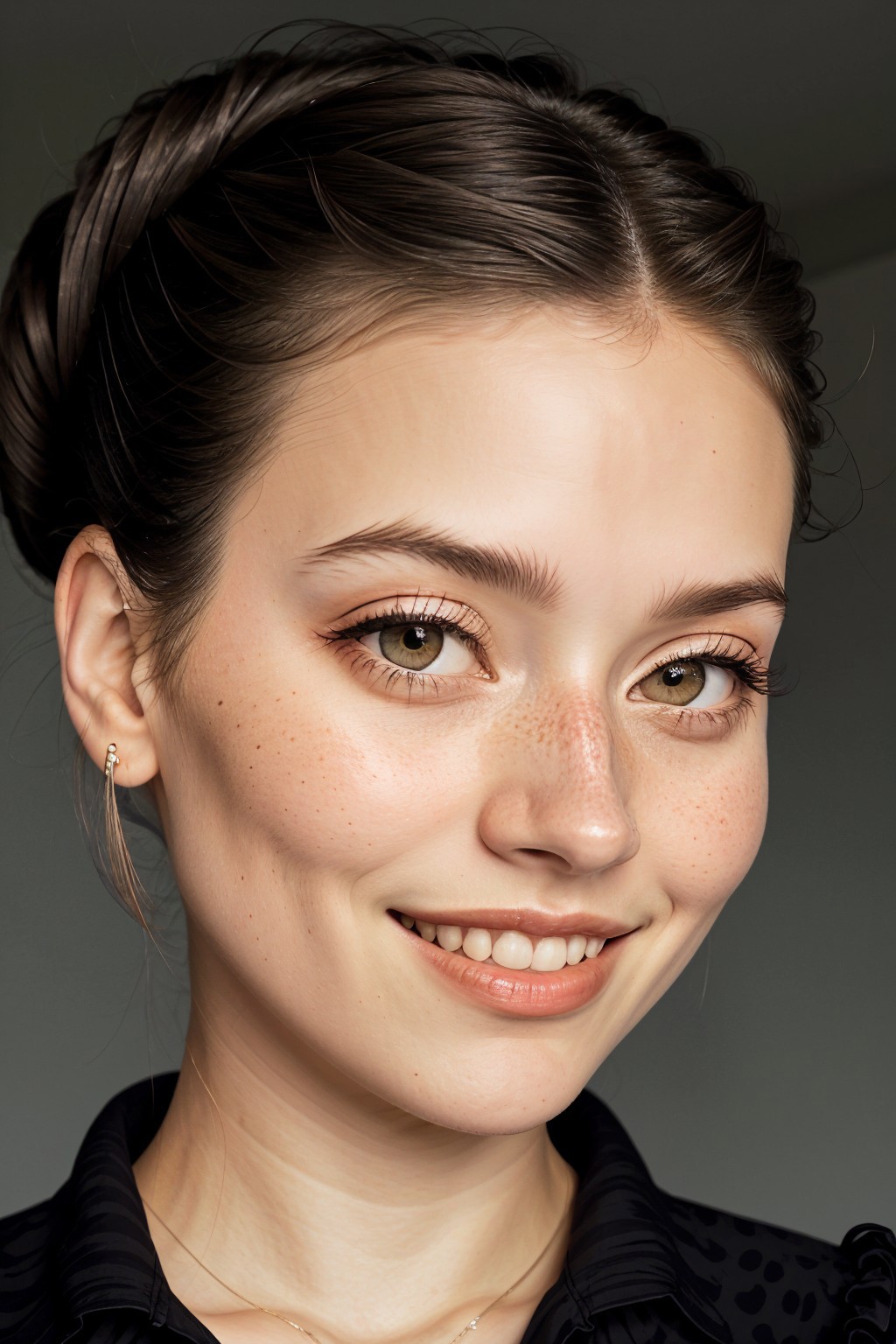 A close up of a woman with a black shirt and a necklace - SeaArt AI