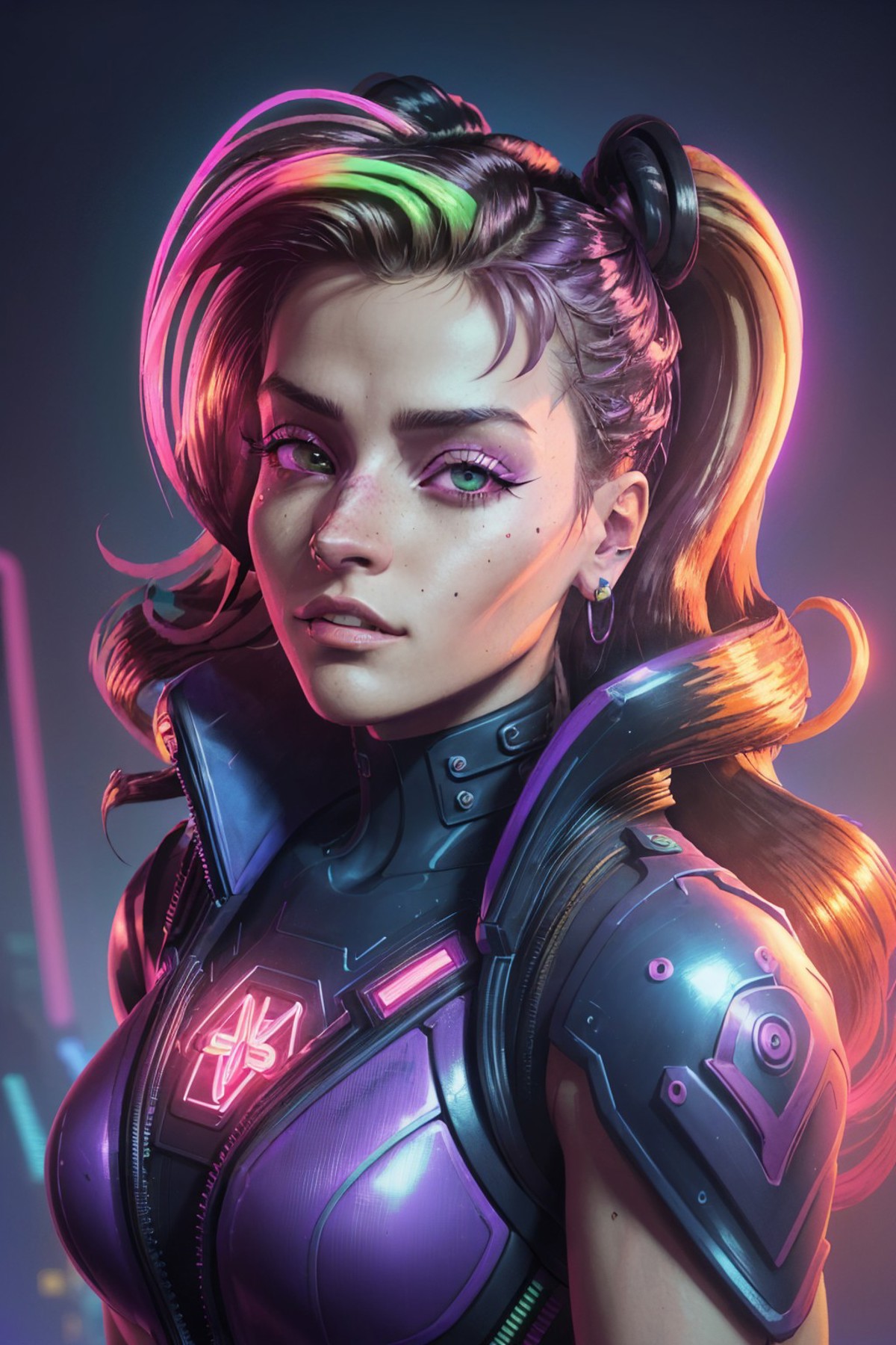 A woman with a ponytail and neon hair in a futuristic outfit - SeaArt AI