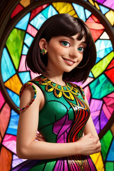 (stained glass style, vibrant, fragmented, light effects, highly detailed:1.15), <lora:sd15_JessicaClements_v1:.9> JessicaClements, focus on eyes, close up on face, smiling, wearing jewelry, hair styled french bob hair,