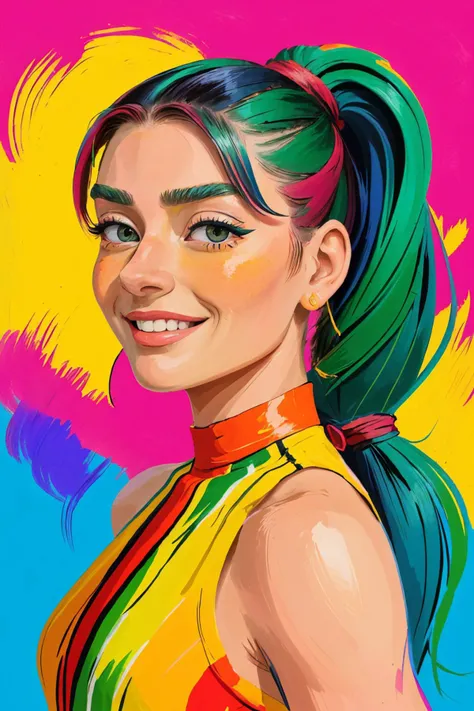 (fauvist style, bright, unnatural colors, bold brushwork:1.15), headshot <lora:sd15_JessicaClements_v1:.9> JessicaClements, focus on smiling face, wearing a halter dress , her hair is styled as fishtail ponytail,