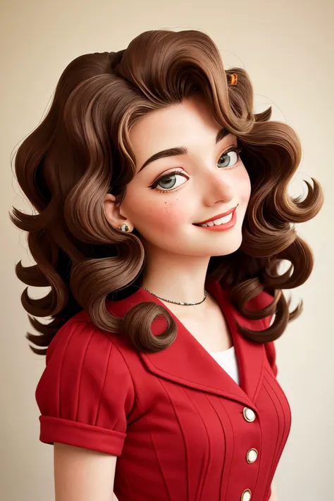 (retro style, vintage colors, old-school design, nostalgic:1.15), portrait <lora:sd15_JessicaClements_v1:.9> JessicaClements, focus on smiling face, wearing conservative clothing , her hair is styled as curly layers hair,