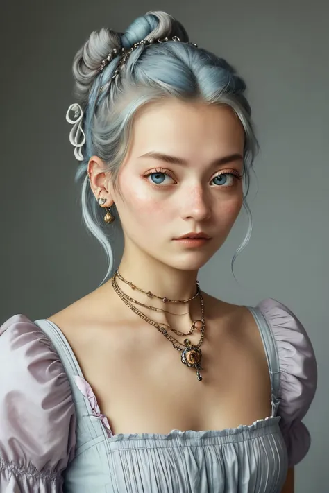 (rococo art, ornate, pastel, romantic, highly detailed:1.15), <lora:sd15_JessicaClements_v1:.9> JessicaClements, focus on eyes, close up on face, wearing jewelry, Light Steel Blue hair styled rose bun, desaturated grunge filter