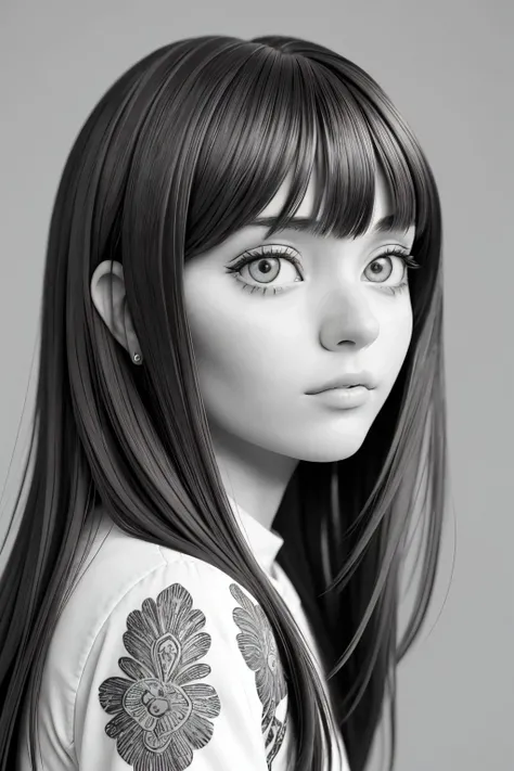 Cartoon image of a girl with big eyes Two side braids, black hair