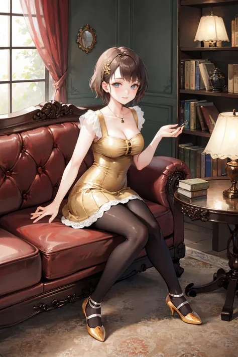 masterpiece, best quality, minazuki ruka, yellow dress, pantyhose, cleavage, high heels, chair, sitting, indoors, bookshelf, lounge, looking at viewer, smile, table, haunted house, old mansion, hand on own legs <lora:ruka-nvwls-v1-000010:0.9>