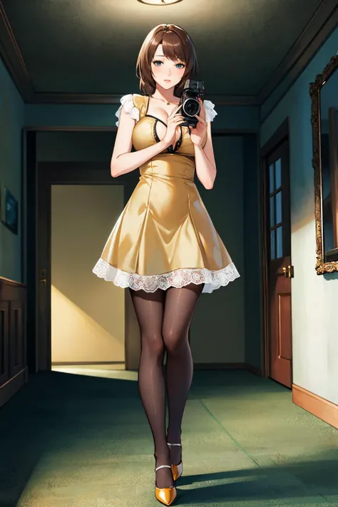 masterpiece, best quality, minazuki ruka, yellow dress, pantyhose, cleavage, high heels, holding camera with both hands, inside of a haunted house, looking at viewer, serious <lora:ruka-nvwls-v1-000010:0.9>