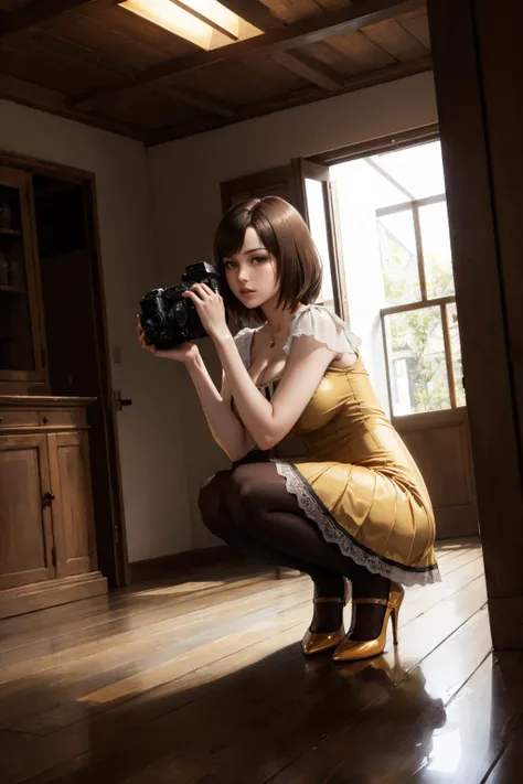 masterpiece, best quality, minazuki ruka, yellow dress, pantyhose, cleavage, high heels, crouching, holding camera with both hands, haunted house, indoors, chiaroscuro shading <lora:ruka-nvwls-v1-000010:0.9>
