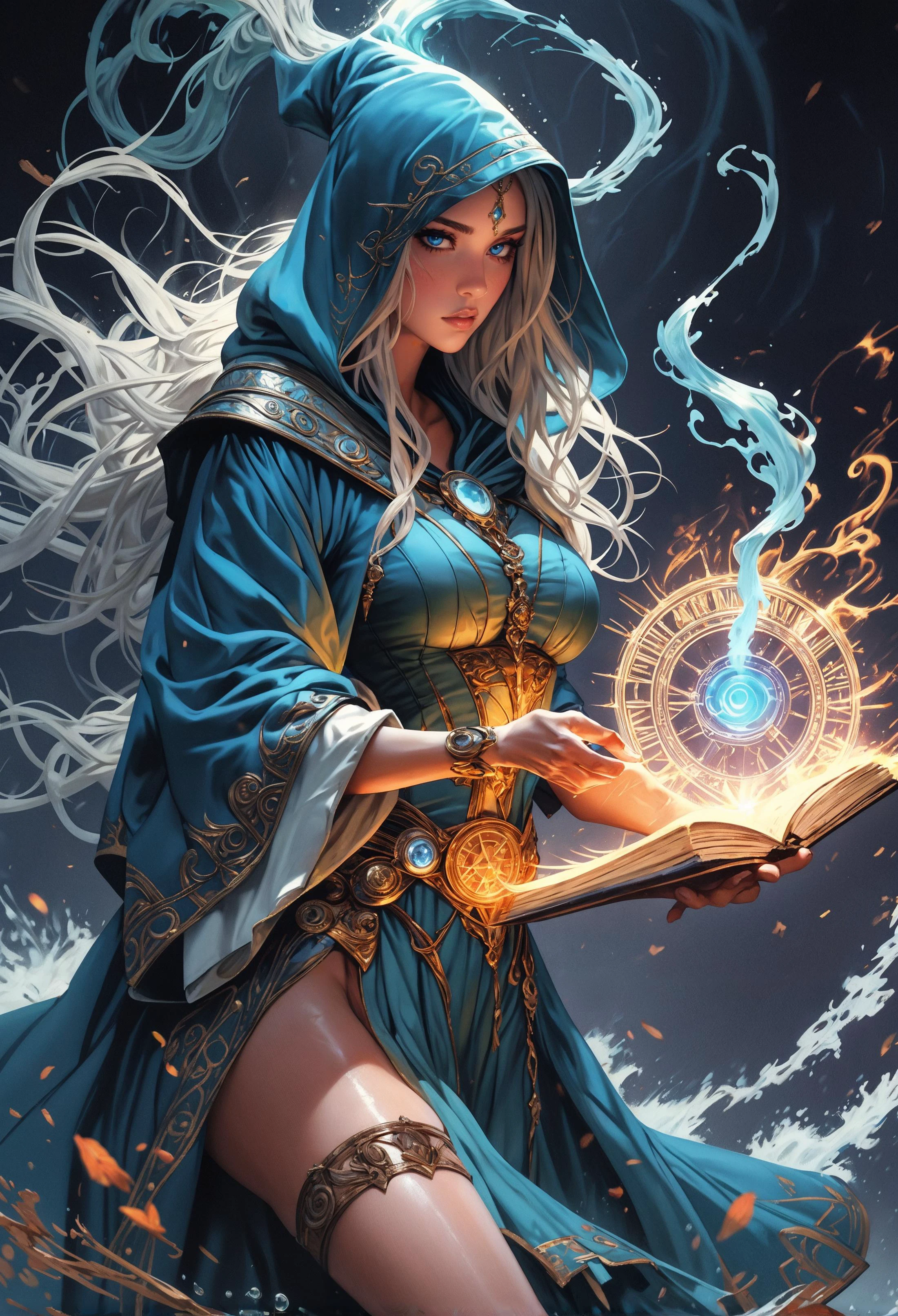 score_9, score_8_up, score_7_up, score_6_up, score_5_up, score_4_up, sorceress, casting water magic spells, blue hood, medium breasts, colorful eyes, freckles, white hair, magic circle, thigh strap, petite, 1girl, delicate and smooth skin, blush, perfect body, thighs, large breasts, highly detailed, glossy lips, looking at viewer, waves in background, magic book, ritual, water mephits, water splash, wet, Hydromancy, <lora:Fant5yP0ny:0.8>, <lora:Pony_Fantasy_Wizard__Witches_-_By_HailoKnight:0.8> hkmagic