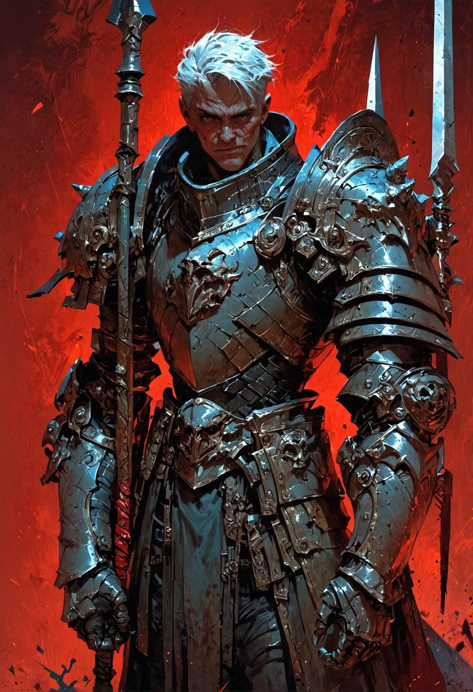score_9, score_8_up, score_7_up, score_6_up, score_5_up, score_4_up,<lora:Fant5yP0ny:0.8>, 1boy, old, short hair, solo, holding spear, gauntlets, armored, red theme,
