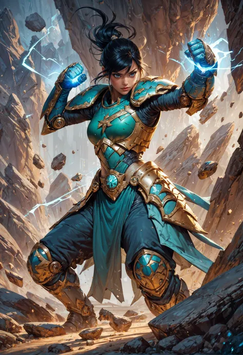 score_9, score_8_up, score_7_up, score_6_up, score_5_up, score_4_up,<lora:Fant5yP0ny:0.8>, 1girl, armored, rocky power armor, black hair, blue eyes, fantasy,solo focus,epic, Earth Bending, fighting stance, rocks,