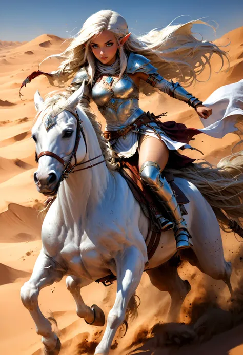 Anime style, ultra detailed, masterpiece, dungeons & dragons art, elf girl, elf girl riding a warhorse, horselord, Arabian armor, white cloak, belt, toned abs, long hair, pretty skin, in the desert, medieval fantasy, <lora:add-detail-xl:1> <lora:xl_more_art-full_v1:1> <lora:EnvyActionShotXL01:0.8> action shot, <lora:EpicF4nta5yXL:0.8>