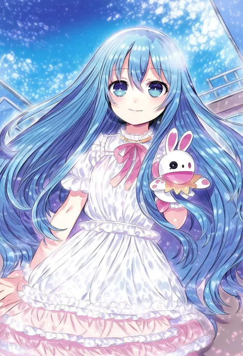 highres,novel illustration,best quality, masterpiece,1 girl, solo,date a live,tsunako style,
yoshino(date a live), underage girl, , (small stature:2.0), blue hair,blue eyes,long hair,smile,dress,Holding a rabbit doll,floating,in school,sky
smile, looking at viewer, cowboy shot, dutch angle,
