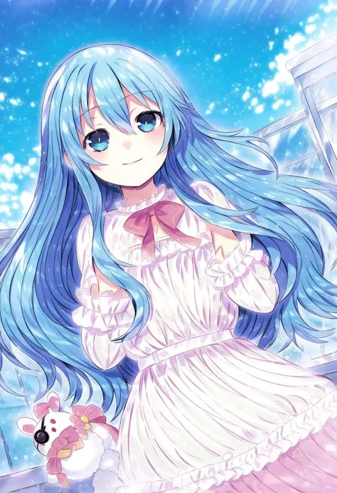 highres,novel illustration,best quality, masterpiece,1 girl, solo,date a live,tsunako style,
yoshino(date a live), underage girl, , (small stature:2.0), blue hair,blue eyes,long hair,smile,dress,Holding a rabbit doll,floating,in school,sky
smile, looking at viewer, cowboy shot, dutch angle,