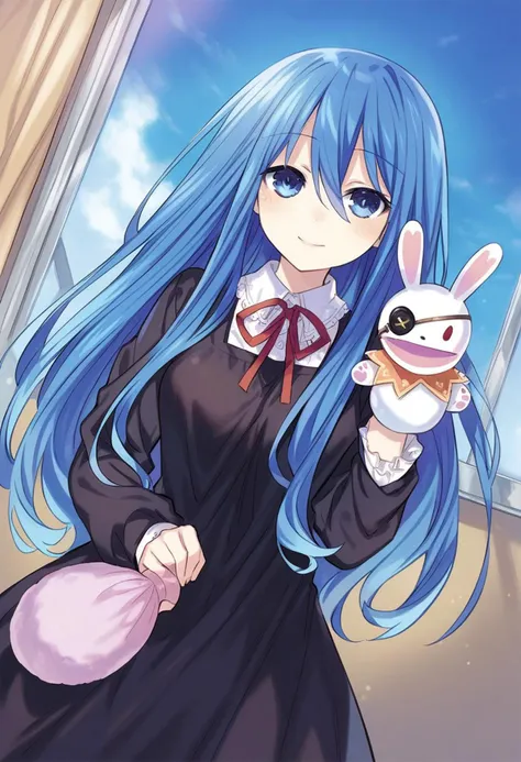 highres,novel illustration,best quality, masterpiece,1 girl, solo,date a live,tsunako style,
yoshino(date a live), underage girl, , small stature, blue hair,blue eyes,long hair,smile,dress,Holding a rabbit doll,floating,in school,sky
smile, looking at viewer, cowboy shot, dutch angle,