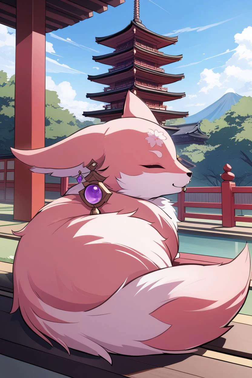 masterpiece, best quality, solo, 1girl, anime coloring <lora:YaeMikoFoxXLV2:1> YaeMikoFox, earrings, no humans, japanese architecture, garden, blue sky, pagoda, sleeping