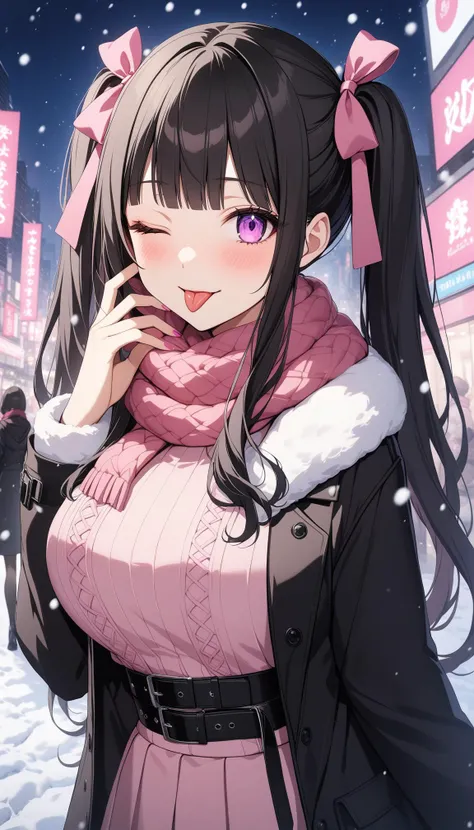 1girl, solo, black long hair, twintails, blunt bangs, pink ribbon, black hair, purple eyes, long eyelashes, red eyeliner,
large breasts, (jirai kei:1.2)
pink scarf,looking at viewer,blush,black and pink theme winter clothes,black coat,blurry,
(one eye closed, tongue out, ð, hand on own face:1.1),
Winter city, snowing,
game cg, absurdres, highres, masterpiece, best quality,