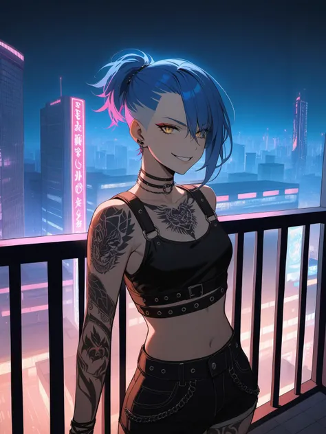 image of tomboy girl, solo, masterpiece, blue hair, undercut hairstyle, yellow eyes, masterpiece, image of a wild girl with tattoo, midriff, punk, red eyeshadow, wild, smirk, city at nighttime, neon colors lighting, moody, shadows, image of a girl on a balcony