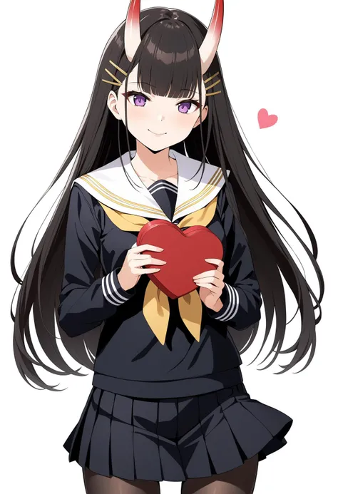 1girl, noshiro \(azur lane\), azur lane,
16yo, blunt bangs, purple eyes, black hair, (small breasts:1.2), black shirt, hair ornament, hairclip, oni horns, long hair, long sleeves, neckerchief, sailor collar, school uniform, serafuku, white sailor collar, black skirt, black pantyhose, smug, holding, heart-shaped box,
(isolated on no background:1.2), anime coloring,
masterpiece, best quality,