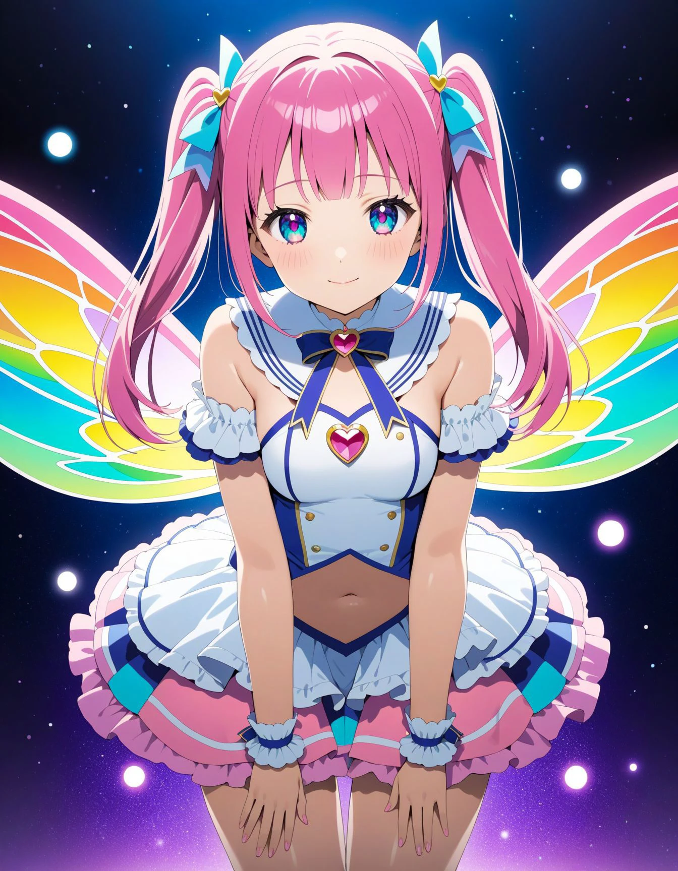 source_anime screencap, masterpiece, awesome top artist illustration, gravure beautiful poses, (kawaii:1.2), pripara idol, sailor leotard magical girl, vtuber, yumekawa pastel color tone and manner, textile shading colorfull pastel fashion, see-through skirt, latex, navel, fairy wing, fantasy background, 90's animation, kawaii, beautiful detailed eyes, white large pupils, light smile, in heat, blush cheeks, pastel color hair, heart jewel, transform scene effect high quality background, masterpiece, extremely detailed thin line,most fav,highly rating, masterpiece, perfect anatomy, very high resolution absurdres, insane sharpness, global illumination, perfect female proportion, leaning forward, amazing quality, very aesthetic, absurdres, 135mm f1.4, bokeh, glossy skin oily, perfect anatomy, clothes reflecting light, extremely shiny clothes, ultimate quallity, extremely detailed thin line,most fav,highly rating, masterpiece,