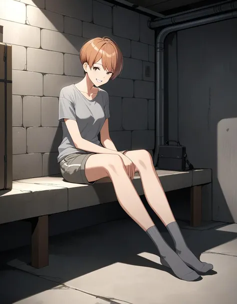 1girl,sitting on bed,mature female,small breasts,bronze colored hair,very short hair,extremely short hair,(pixie cut,androgynous haircut),grey t-shirt,grey shorts,in basement,concrete,happy,socks,full body