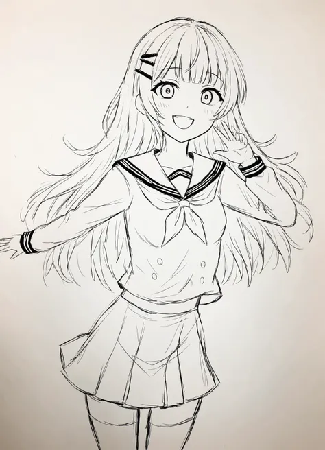 monochrome, lineart, 1girl, high school girl, sharp eyes, hair, long hair, blunt bangs, hair ornament, hairclip, (small breasts:1.2), shirt, long sleeves, neckerchief, sailor collar, school uniform, serafuku, sailor collar, skirt, pantyhose,
happy smile, idol pose,
(isolated on white background:1.2), simple background,
rating:general, watercolor \(medium\), (graphite \(medium\), sketch:0.6), illustration, <lora:slpsdndXLL:0.85>,