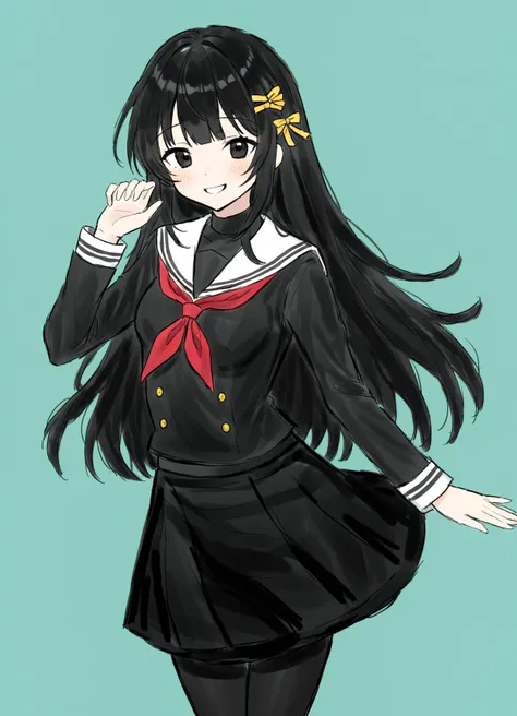 1girl, high school girl, black eyes, black hair, long hair, blunt bangs, hair ornament, hairclip, (small breasts:1.2), black shirt, long sleeves, neckerchief, sailor collar, school uniform, serafuku, white sailor collar, black skirt, black pantyhose,
happy smile, idol pose,
(isolated on green background:1.2), simple background,
rating:general, watercolor \(medium\), (graphite \(medium\), sketch:0.6), illustration, <lora:slpsdndXLL:0.85>