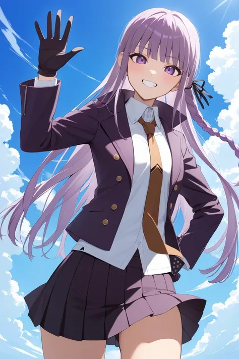 Anime girl in a school uniform waving her hand - SeaArt AI