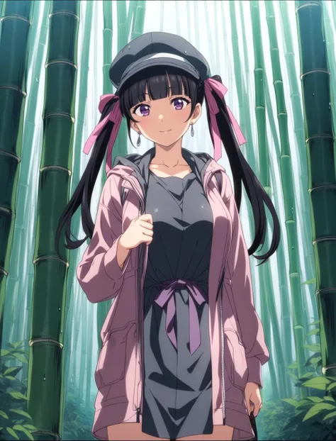 1girl, solo, 1girl, solo, black long hair, (twintails:1.2), blunt bangs, (pink ribbon:1.05), black hair, earrings, purple eyes, long eyelashes, red eyeliner, large breasts,BREAK,light smile, looking at another, solo focus, 
Dense bamboo forests, misty mountains, tranquil paths, endangered species, unique flora, serene atmosphere,BREAK Comfortable layers, sturdy shoes, hat, sunscreen, insect repellent, rain jacket,
anime coloring, anime screencap, megami magazine, masterpiece, best quality <lora:sdxl2-flat2-512b:-1>