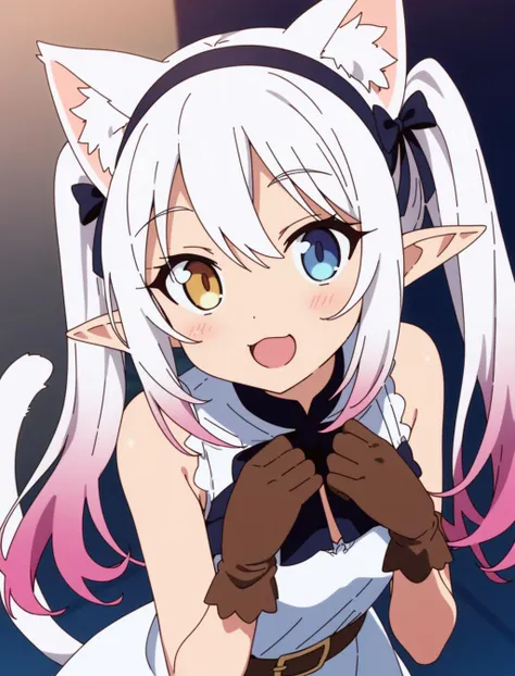 1girl, mini, elf, :d, animal ear fluff, animal ears, belt, black gloves, blue eyes, blush, breasts, brown gloves, cat ears, cat girl, cat tail, closed mouth, dress, gloves, gradient hair, hair between eyes, hairband, heterochromia, long hair, looking at viewer, multicolored hair, open mouth, pointy ears, shirt, sleeveless, sleeveless dress, small breasts, smile, solo, tail, twintails, white hair, white shirt, yellow eyes, rating:general
anime coloring, anime screencap, megami magazine, masterpiece, best quality, <lora:sdxl2-flat2-512b:0.5>