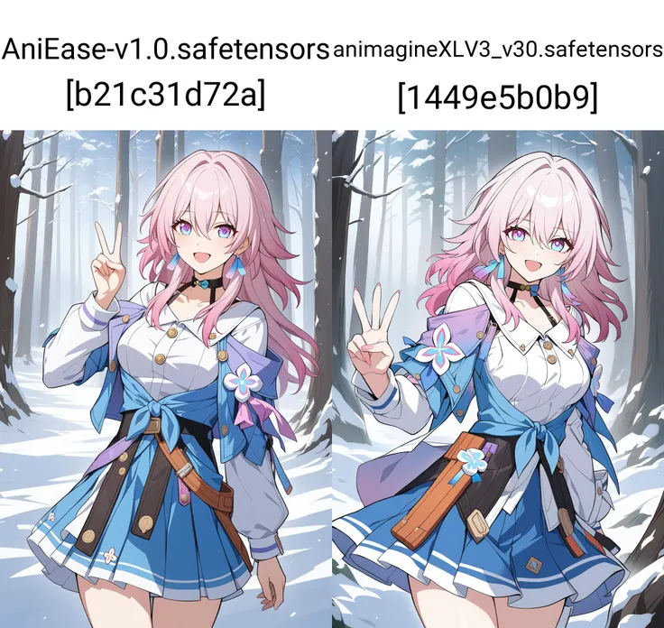 1girl, march 7th (honkai: star rail), honkai: star rail, honkai (series),
black choker, blue jacket, blue skirt, choker, earrings, long hair, long sleeves, looking at viewer, open mouth, pink eyes, pink hair, shirt, skirt, smile, tied jacket, v, white shirt,
forest, snow, anime coloring,
masterpiece, best quality,