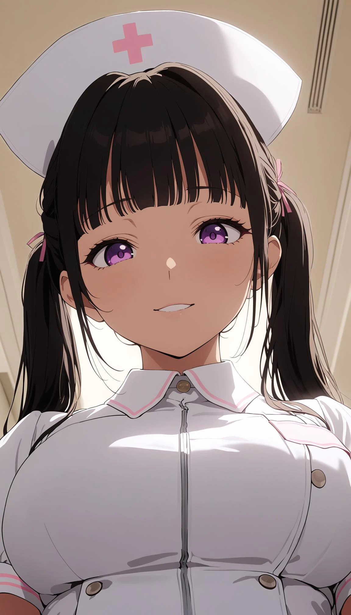 1girl, solo, black long hair, twintails, blunt bangs, pink ribbon, black hair, purple eyes, long eyelashes, red eyeliner,
large breasts,
natural lighting
hospital, operating room,
(lap pov:1.2), (upper body:1.2), (from below:1.2), looking at viewer, (girl looking down:1.2), dutch angle, ceiling, lighting,
seductive smile,
(((White))) nurse uniform smooth, nurse, nurse hat,
masterpiece, best quality, anime screencap, <lora:sdxl2-flat2-512b:1> <lora:nurse_uniform_xl_v1_1:1> nurse uniform
