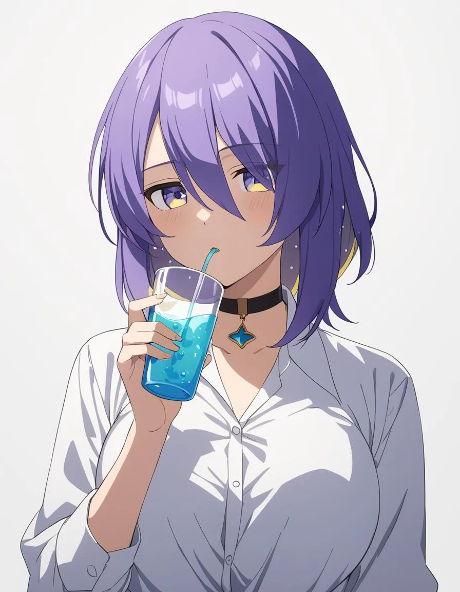 1girl, moona hoshinova, hololive, hololive indonesia,
short hair, purple hair, wavy hair, streaked hair, purple eyes, large breasts, drinking, beaker, white shirt, collared shirt, choker,
white background, simple background, looking at viewer, anime screencap,
very aesthetic, masterpiece, best quality,