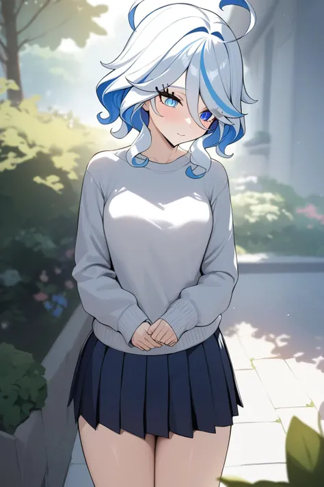 masterpiece, best quality, 1girl, furina (genshin impact), pleated skirt, sweater, garden