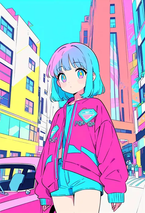 masterpiece, best quality, beautiful detailed eyes, ultra-detailed, finely detail, highres, perfect anatomy, colorful, Pastel Colors, 1girl, solo, city pop illustration, city pop arts, simple background, retro style, vaporwave city pop, 1980s city pop, city pop anime, car, retoro style, 1980s fashion, cowboy shot, Kyoto Animation, flat color