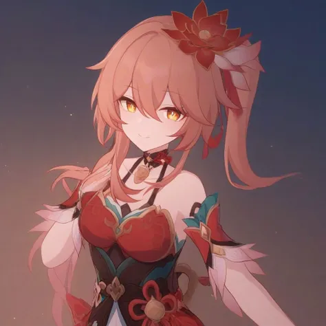 1girl, solo, long hair, breasts, looking at viewer, smile, bangs, hair ornament, dress, hair between eyes, bare shoulders, closed mouth, yellow eyes, flower, choker, hair flower, side ponytail, red dress, Guinaifen \(Honkai: Star Rail\), diamond-shaped pupils, orange hair, gold trim <lora:Double_double_Guinaifen_Sparkle:1>