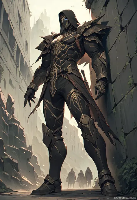a male rogue assasin, mechas, standing next to a wall, fantasy style, detailed, intricate details, dagger, dagger on hand, world of forgotten realms, dark art, award winning, Kentaro_miura style (intricate details, masterpiece, best quality:1.4)