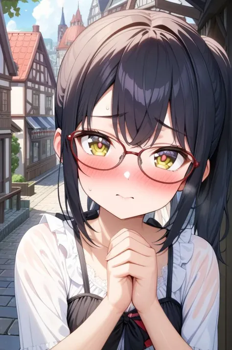 oval_metal, glasses,red-framed,black ponytail,1girl,girly clothes,shiny eyes,looking at viewer,blush,shy,join hands,town,street,porch<lora:oval_glasses_metal-frame1_SDXL_V1:0.7>, masterpiece,ultra detailed,best quality  <lora:XDetail_light:1>