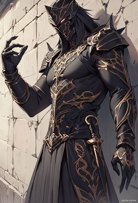 a male rogue assasin, mechas, standing next to a wall, fantasy style, detailed, intricate details, dagger, dagger on hand, world of forgotten realms, dark art, award winning, Kentaro_miura style (intricate details, masterpiece, best quality:1.4)