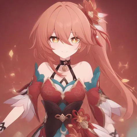 1girl, solo, long hair, breasts, looking at viewer, smile, bangs, hair ornament, dress, hair between eyes, bare shoulders, closed mouth, yellow eyes, flower, choker, hair flower, side ponytail, red dress, Guinaifen \(Honkai: Star Rail\), diamond-shaped pupils, orange hair, gold trim <lora:Double_double_Guinaifen_Sparkle:1>