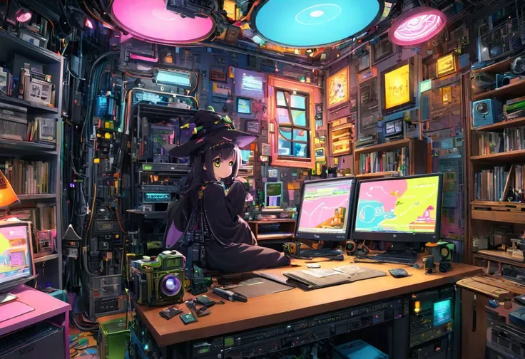 ((dawn)), undersea, magical cauldron, trees, absurd detailed, board, (witch on desktop magical:2), cockpit, flight instruments, network, paper works on desk, bookshelf, mirror, door,(camera,engine:1), ((colorful neon lamp)), intricate details, detailed,(octagon:0.5), photo