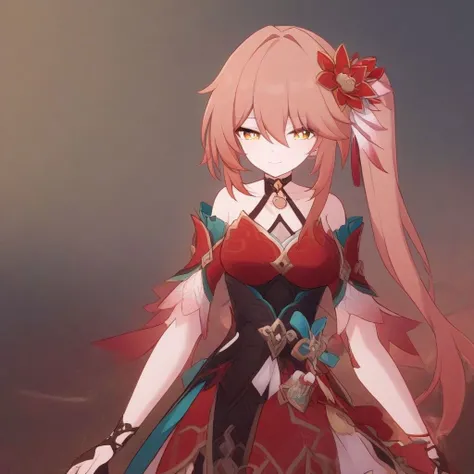 1girl, solo, long hair, breasts, looking at viewer, smile, bangs, hair ornament, dress, hair between eyes, bare shoulders, closed mouth, yellow eyes, flower, choker, hair flower, side ponytail, red dress, Guinaifen \(Honkai: Star Rail\), diamond-shaped pupils, orange hair, gold trim <lora:Double_double_Guinaifen_Sparkle:1>