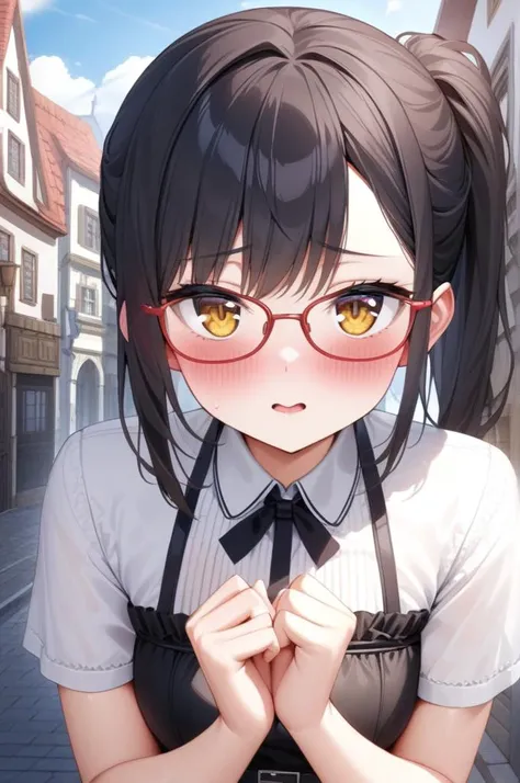 oval_metal, glasses,red-framed,black ponytail,1girl,girlish outfit,shiny eyes,looking at viewer,blush,shy,join hands,town,street,<lora:oval_glasses_metal-frame1_SDXL_V1:0.7>, masterpiece,ultra detailed,best quality  <lora:XDetail_light:1>