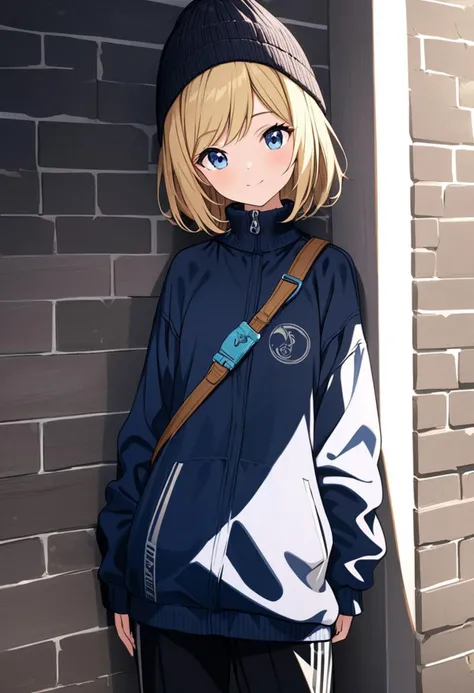 extremely detailed CG unity 8k wallpaper, highest quality, ultra-detailed, perfect illumination, accurate shadowing, one vibrant and lively,(white background) close up, masterpiece, best quality,01girl, solo, blonde hair, knit hat, blue eyes, Swept bangs, stand against the brick wall, blue baggy university blouson, sweatshirt, a girl's crossbody bag, sneakers, black jersey pants, illustration, top quality, ultra-detailed, little smile,