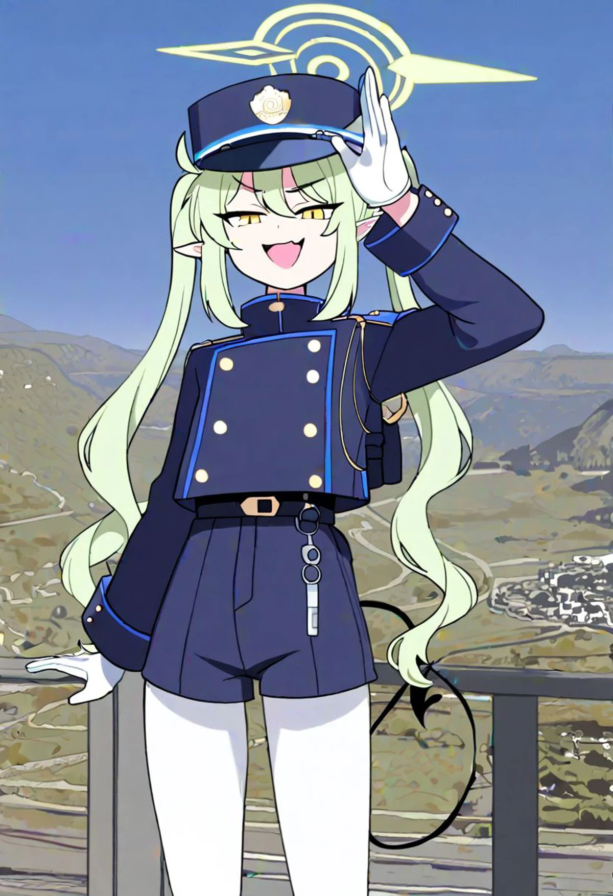 1girl, solo, landscape, highres, standing, smug, open mouth, pointy_ears, peaked_cap, long_sleeves, white_gloves, white_pantyhose, black_hat, highlander_twintails_conductor_\(blue_archive\), green_halo, demon_tail