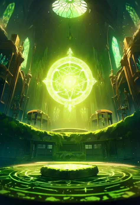 (masterpiece, top quality, best quality) ,,BREAK ,(fantasy),wide shot,scenery , <lora:cozy animation scenes_20230824111332:0.5>,light particle,sunlight,(laboratory ),glowing,light ray,moss,stained_glass,chalkboard ,((crystal)),(magic_circle ),wooden,(green theme)