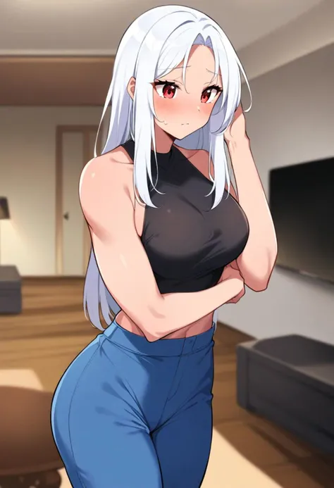 perfect face, shy face, cute expression, (1girl, alone:1.2), ((((light human skin)))), (red eyes), (white hair:1.2), long hair, (black shirt, blue pants), ((standing)), depth of field, (((livingroom))), ((medium boobs, medium arms, small biceps, medium body))