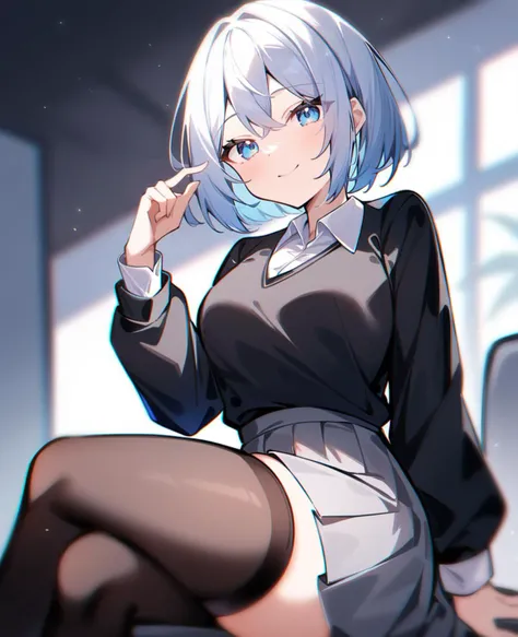 absurdres,1girl,short hair,blue eyes,long sleeves,grey skirt,black thighhighs,little smile,sitting,crossed legs,depth of field,chromatic_aberration,Masterpiece,Best Quality,