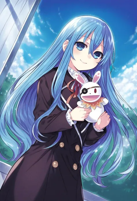 highres,novel illustration,best quality, masterpiece,1 girl, solo,date a live,tsunako style,
yoshino(date a live), underage girl, , (small stature:1.5), blue hair,blue eyes,long hair,smile,dress,Holding a rabbit doll,floating,in school,sky
smile, looking at viewer, cowboy shot, dutch angle,