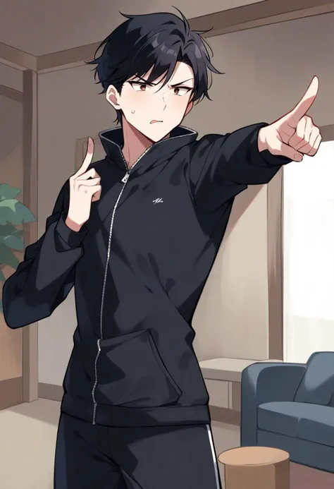 1boy, perfect face, expressive eyes, angry face, upset expression, (pointing one finger), standing, close up, ((livingroom)), mature, ((((light human skin)))), (brown eyes), ((black Hair, short hair)), ((black large zipped winter coat with long sleeves)), black sweatpants, ((medium arms, medium body))