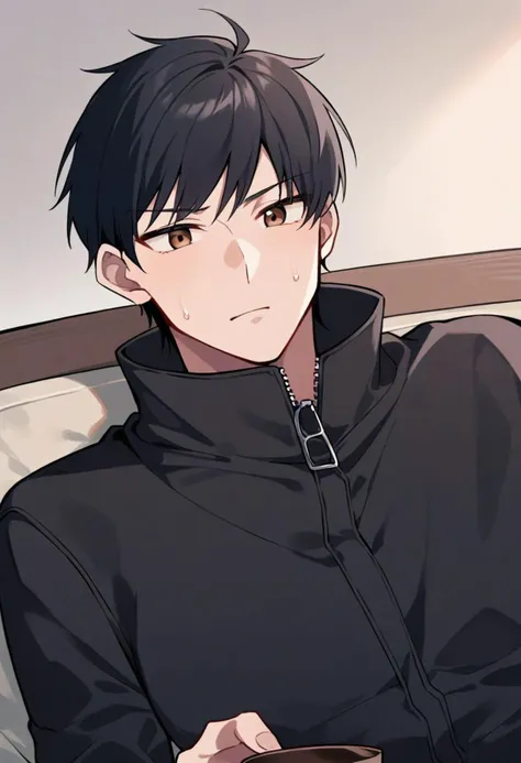 1boy, perfect face, expressive eyes, calm face, straight expression, (holding coffee), sitting on couch, close up, ((livingroom)), mature, ((((light human skin)))), (brown eyes), ((black Hair, short hair)), ((black large zipped winter coat with long sleeves)), black sweatpants, ((medium arms, medium body))