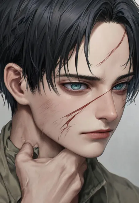 A realistic and hyper-realistic portrait of Levi Ackerman from Attack on Titan, post-season 4 and his grievous injury. On the right side of his face, he has a scar that starts on his forehead and runs down his face all the way to his chin. His right eye is a milky white, damaged by the injury that left the scar. Levi has short black hair in a curtained style, his good eye is grey-colored and small and narrow. He has a small nose. He has sharp features and a narrow and pointy chin. Good looking. Handsome. Sad.